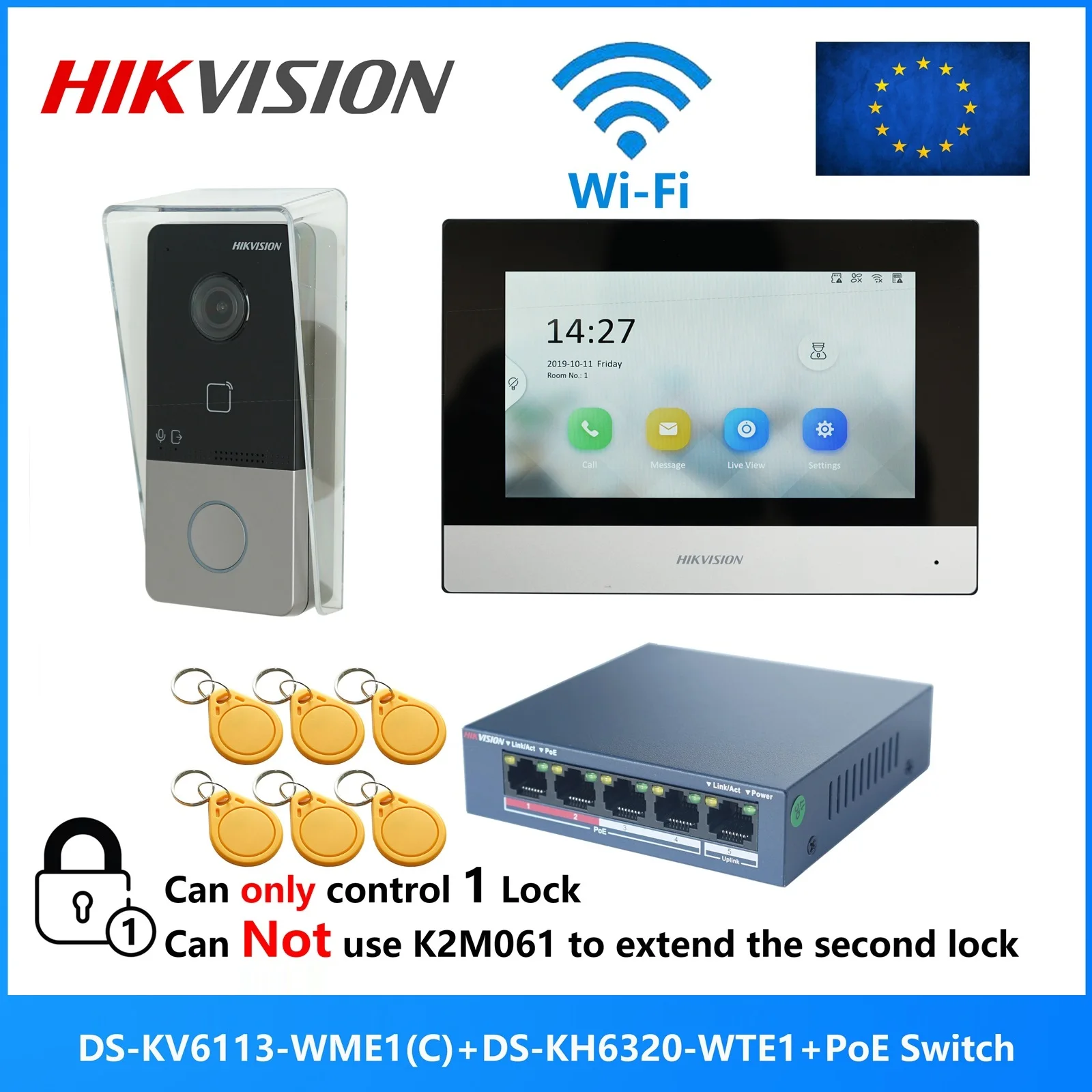 HIKVISION DS-KIS603-P(C) Multi-language 802.3af POE Video intercom KIT,include DS-KV6113-WPE1(C) & DS-KH6320-WTE1 & PoE Switch