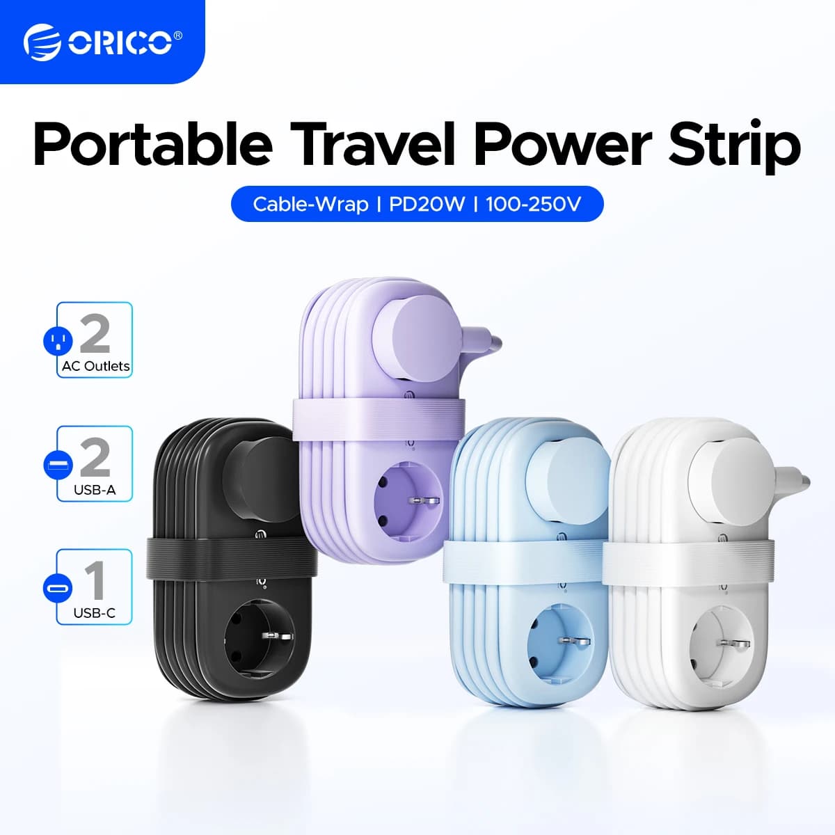 ORICO 20W EU Plug Electrical Power Strip with 2AC Outlets 2USB 1 Type-C Port 1.53M Extension Cable Smart Socket for Home/Travel
