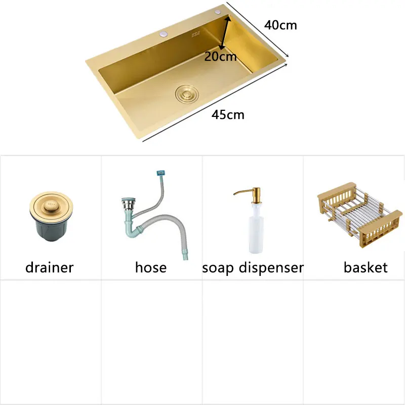 Gold Kitchen Sink Above Counter 304 Stainless Steel Single Bowl Goldn Basket Drainer Soap Dispenser Washing Basin