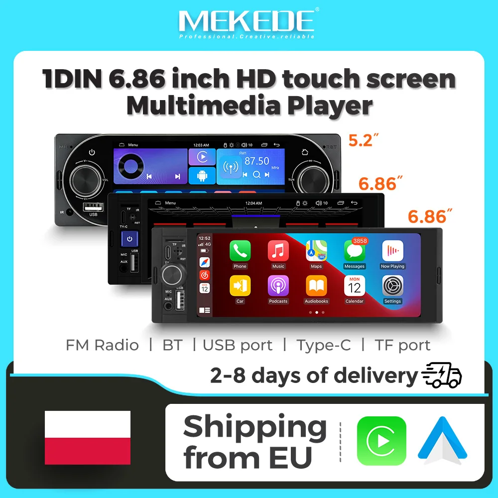 MEKEDE 5.2 Inch 6.86 Inch Car Radio 1 Din MP5 Player Wireless Carplay Android Auto Car Multimedia Player FM Stereo ISO Power Aux Input USB Type-C BT Universal Autoradio Support Rearview Camera SWC Car Audio Intelligent Systems
