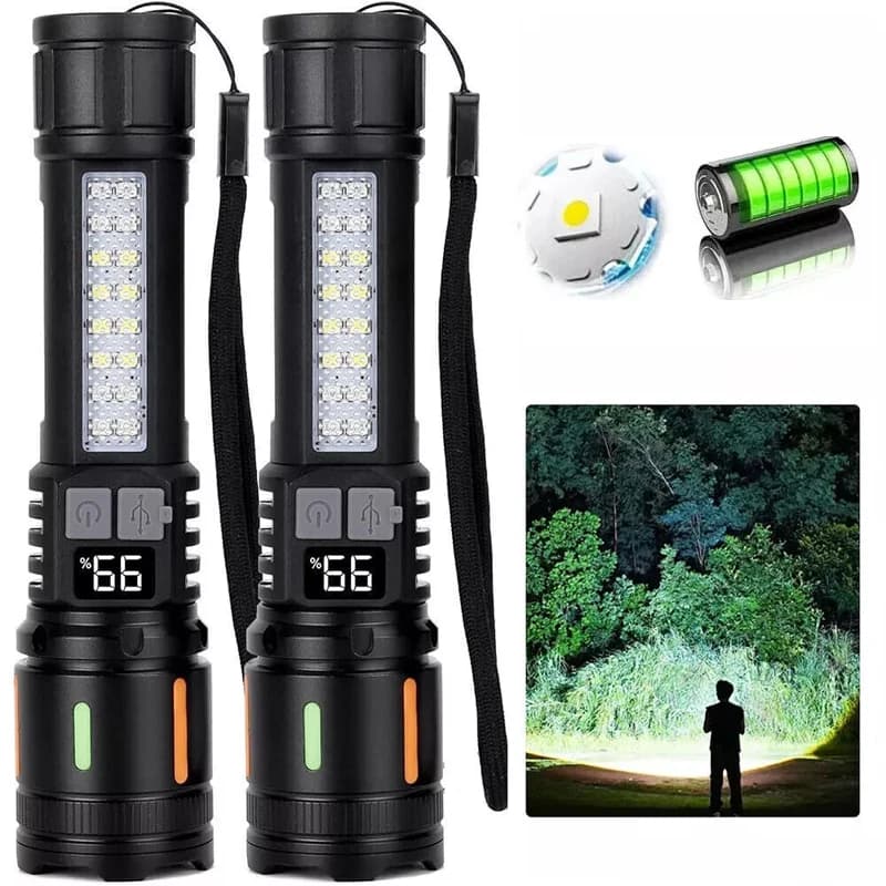 2PCS LED Flashlight High Lumen, Rechargeable, LED Torch Light Battery Powered, 5 Modes, Waterproof, Zoomable, Handheld Flash