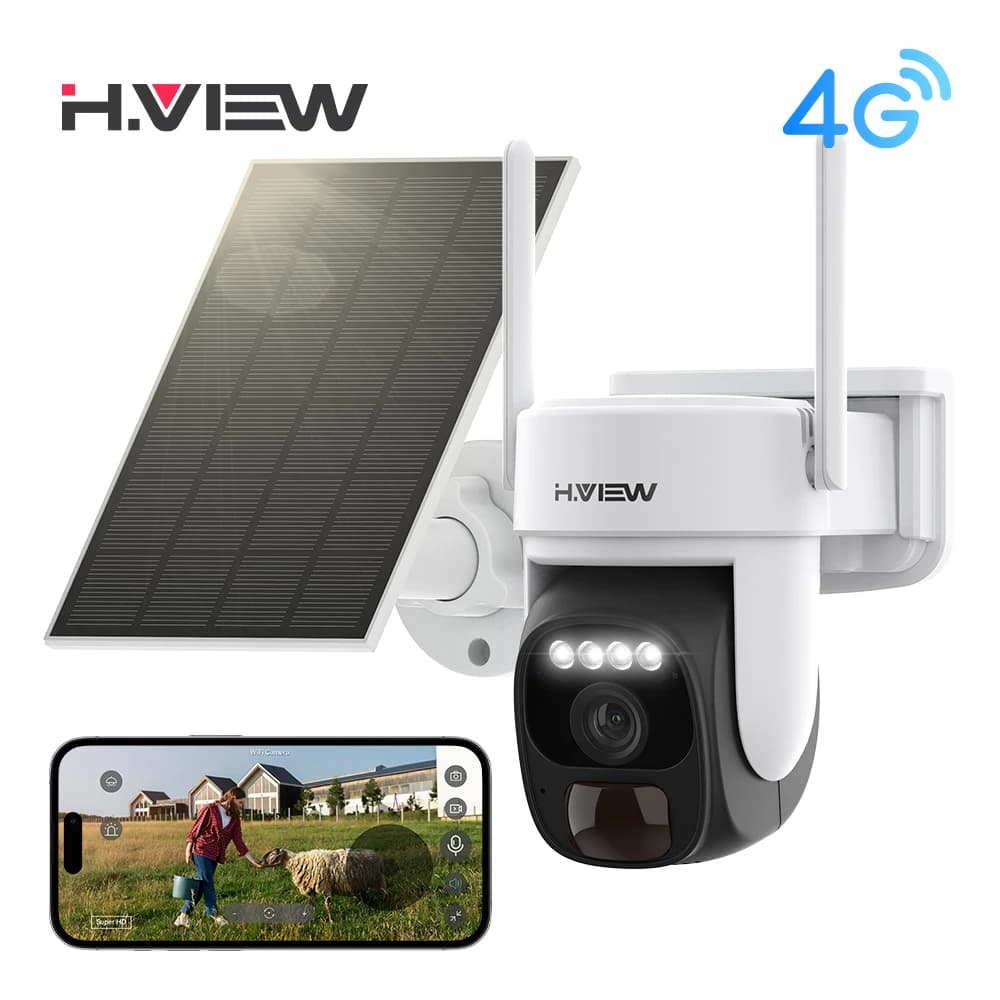 H.view 4G Security Camera 3Mp Solar Powered 8000mAh Battery Outdoor Surveillance PIR Human Detection Audio with Built-in ESIM
