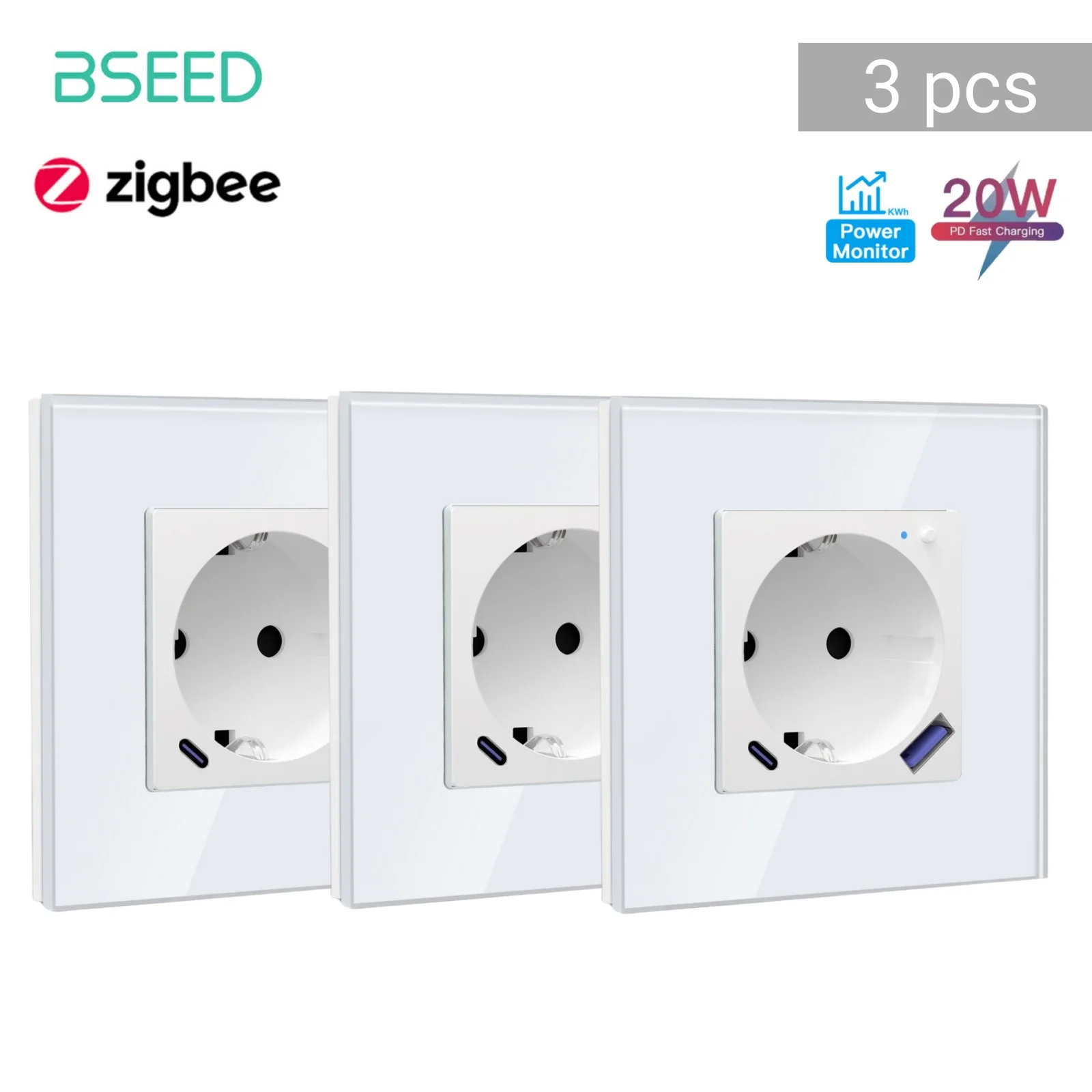 BSEED E Series Zigbee Socket Control Smart Power Monitor Sockets 16A Wall Sockets USB Type-C Fast Charging Work With Tuya Smart Life App Compatible With Google Assistant Alexa White Glass Frame