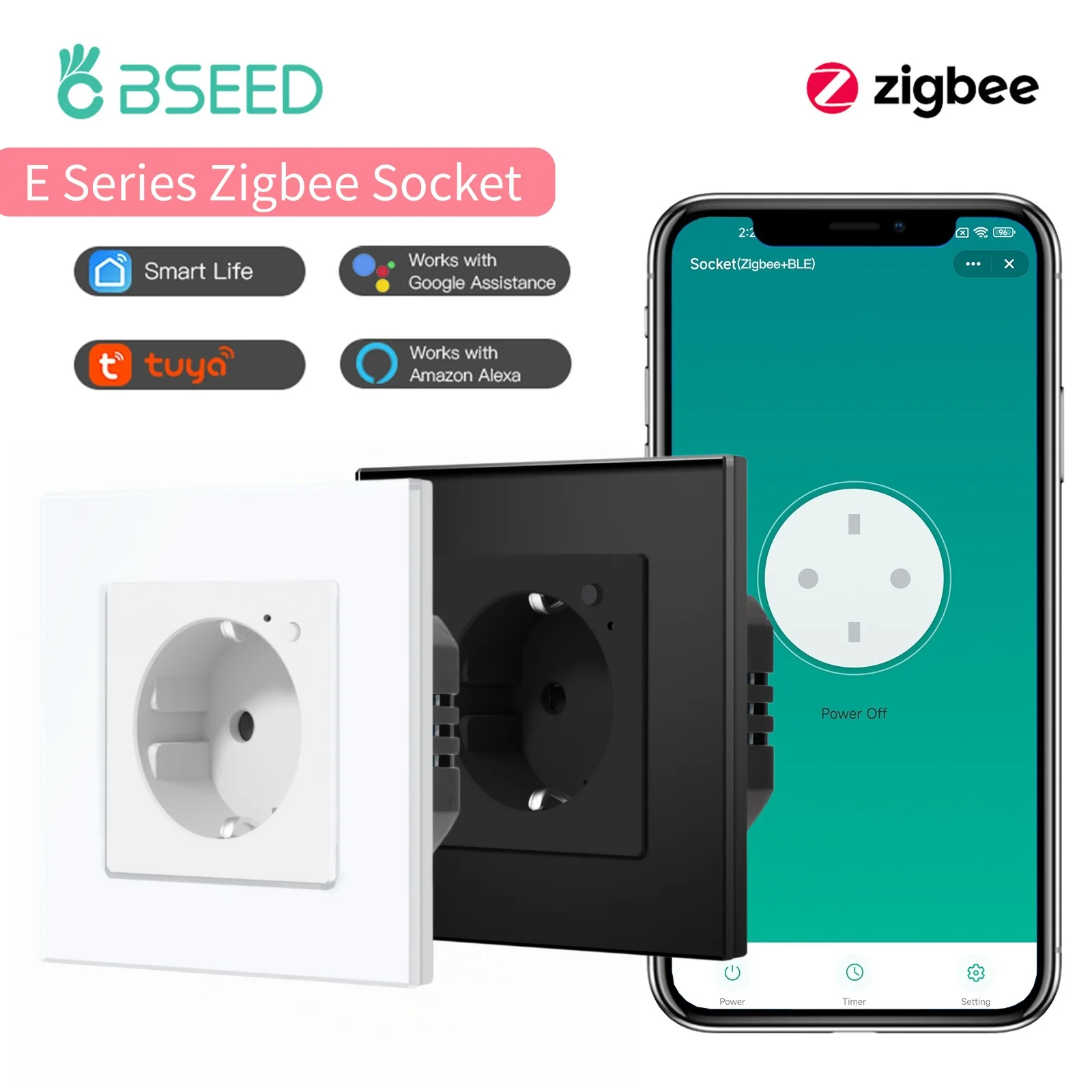 BSEED E Series Zigbee Smart Socket Crystal Glass Frame EU Standard Compatible With Tuya App Google Assistant Alexa Voice Control Safe Plug Black White