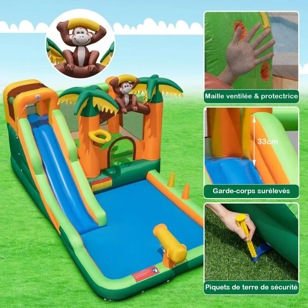 Inflatable Tropical Water Park 680 X 7 Cm 7 in 1 Bouncy Castle with Slide Climbing Wall Basketball Hoop Ring Toss Water Gun
