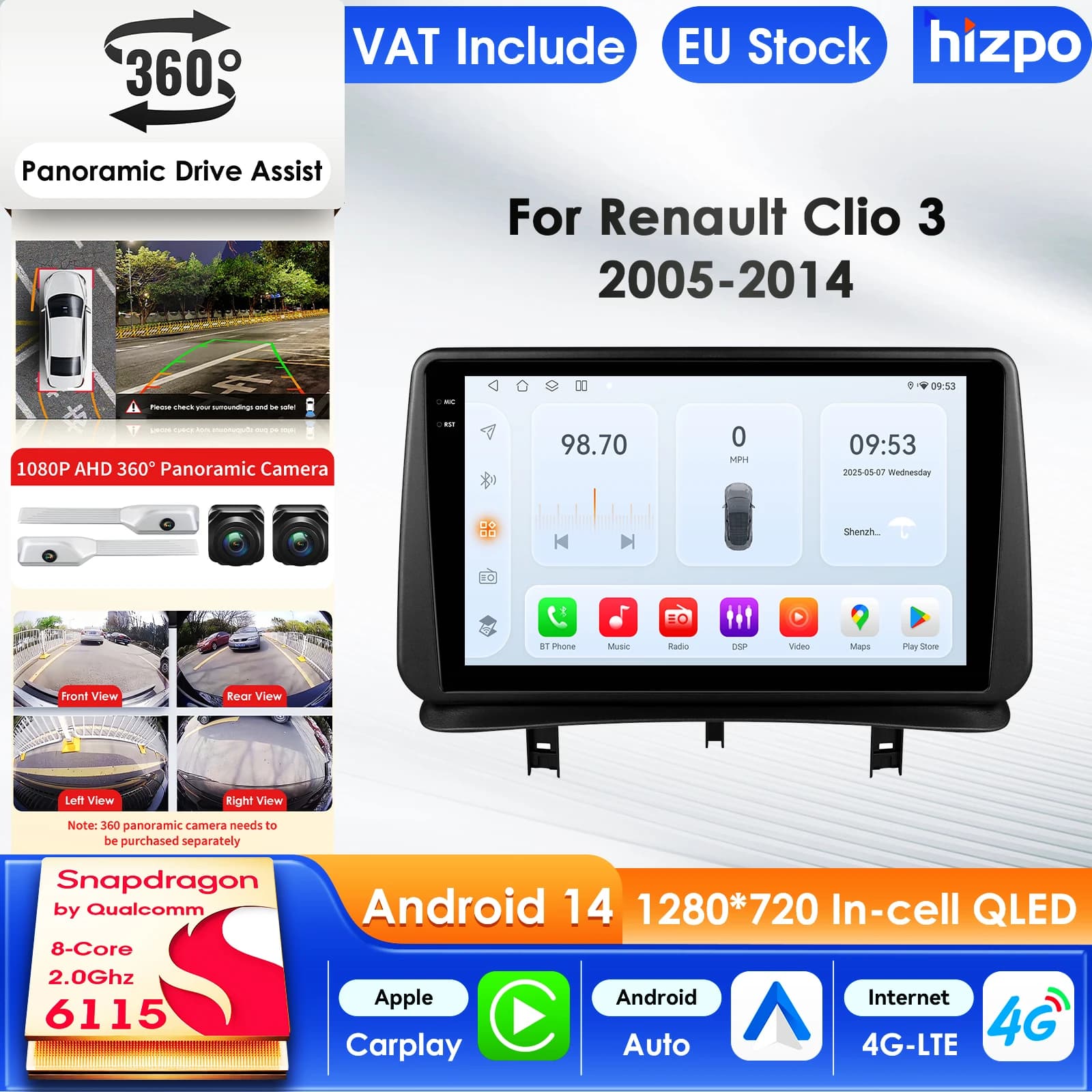 Hizpo 9 inch Carplay 4G AI Systems Android 15 Car Radio For Renault CLIO 3 2005-2014 Multimedia Video Player GPS 2din Autoradio 9 Inch Car Intelligent Screen QLED Display Automotive Head Unit Navigation 5G WIFI DSP Split ADAS USB DVR SWC FM AM RDS Camera
