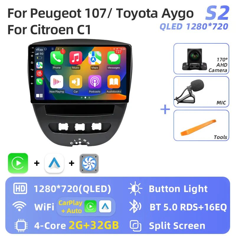Android 16 2 Din Car Multimedia Player For Peugeot 107 Toyota Aygo Citroen C1 2005-2014 Head Unit Stereo GPS Navigation BT WIFI