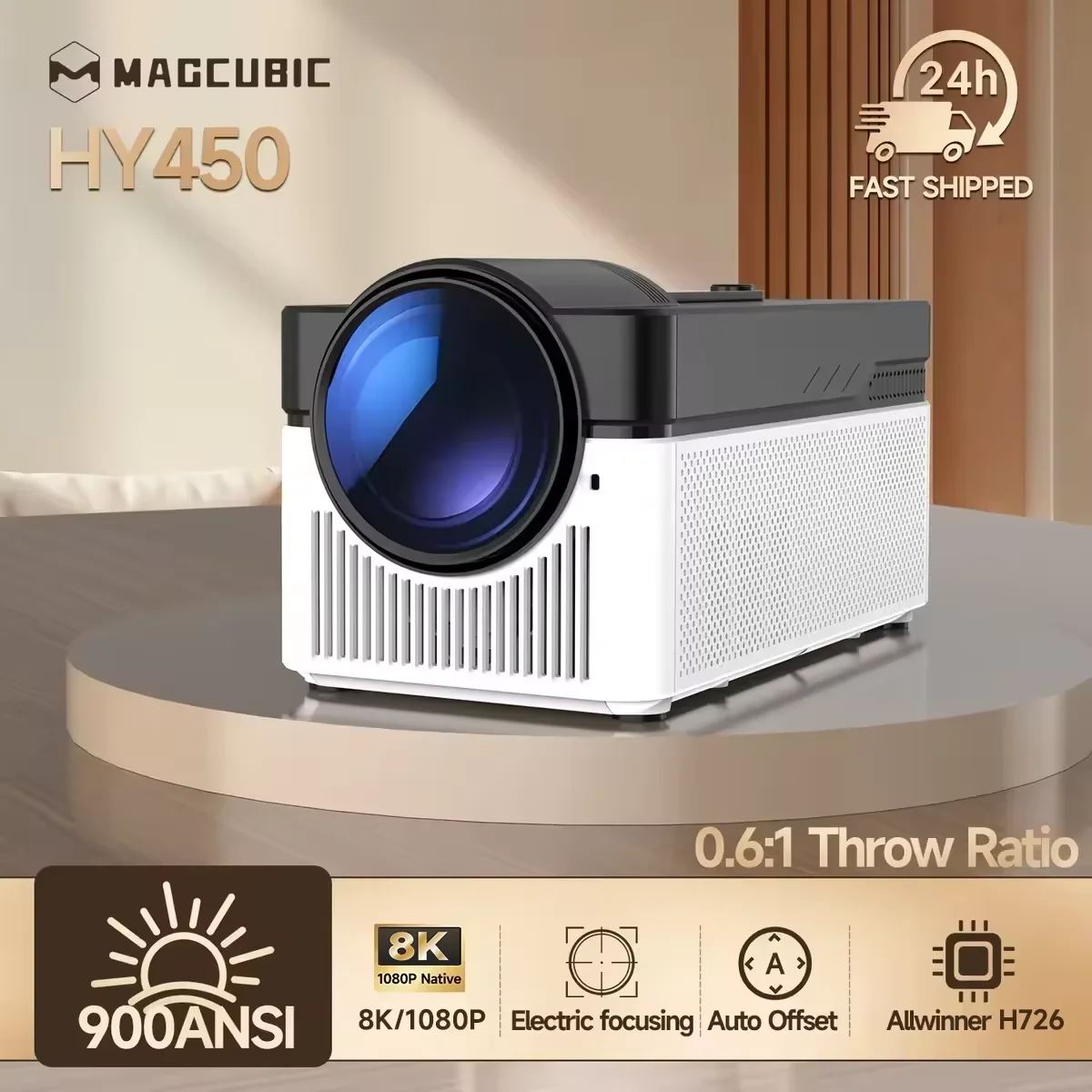 Magcubic Ultra Short Throw Projector Hy450 Auto Offset 1080P 8K Resolution Electronic Focus 900 Ansi Wifi6 Bt5.4 Voice Control