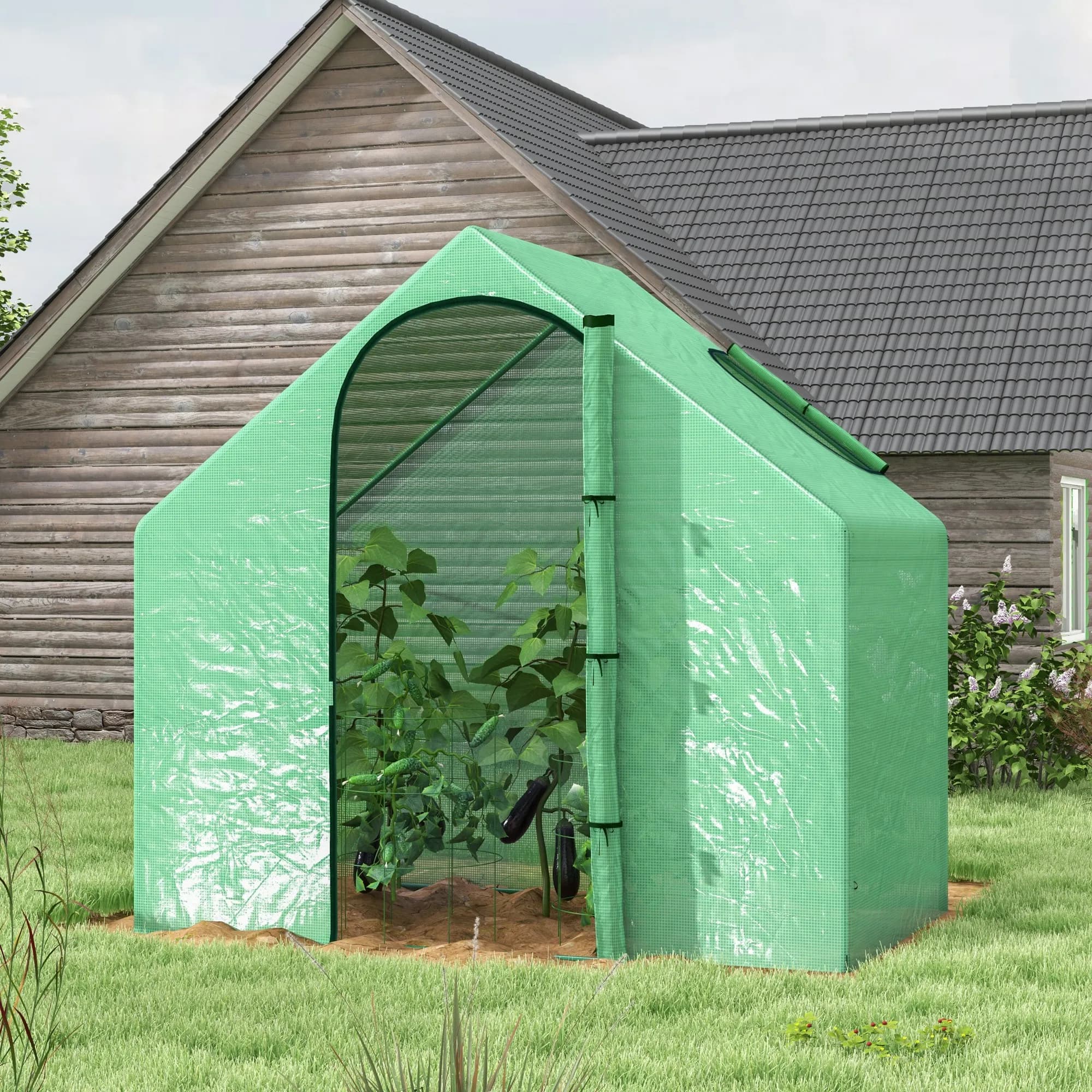 Walk-in Greenhouse with Window and Door, Sturdy Steel Frame and PVC Cover for Garden, Roll-Up Front Door and Top Ventilation, Rust-Resistant Powder-Coated Frame, Includes Guy Ropes and Ground Stakes for Stability, Ideal for Tomatoes, Flowers, and Seedling