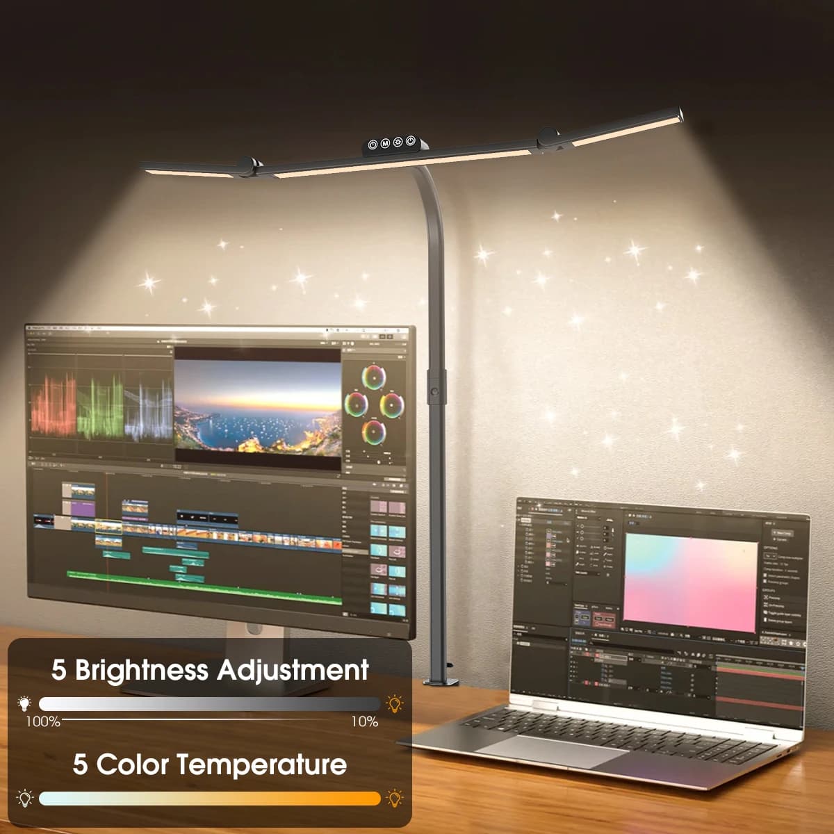Led Desk Lamp for Home Office, Smart Double Head Table Clip Lamp with Clamp, Adjustable Flexible Goose-NeckTask Lamp, Black