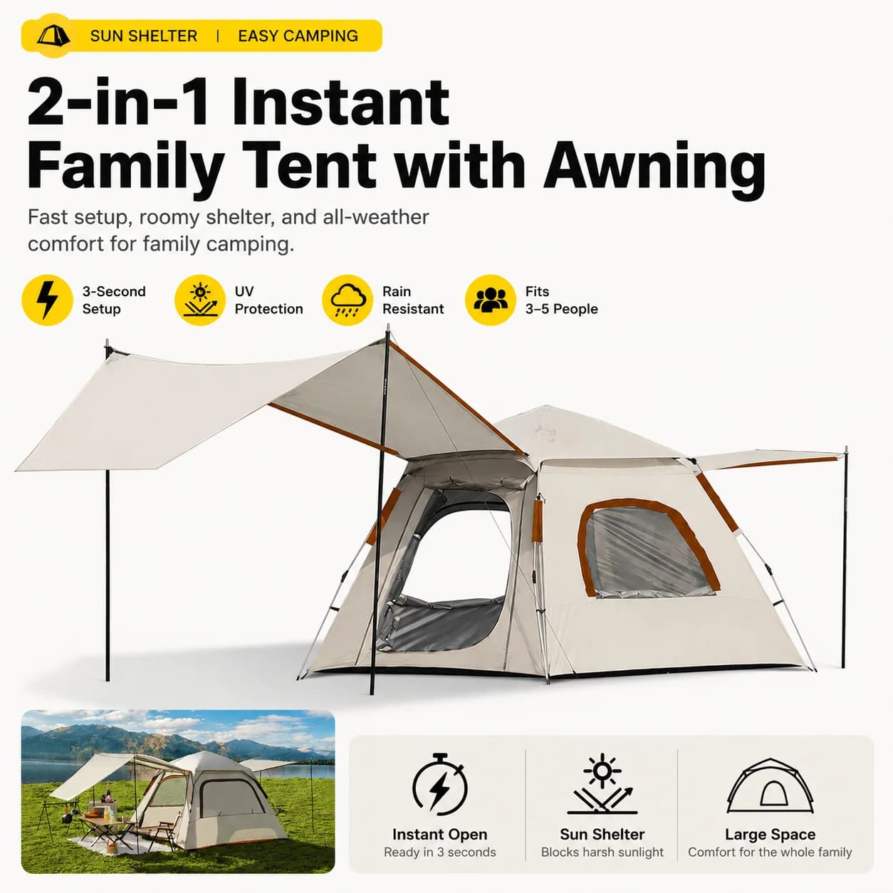 Automatic Family tent 3-5 People Instant Construction 3 Seconds Pop-Up Camping tent with Canopy UV50 + Waterproof