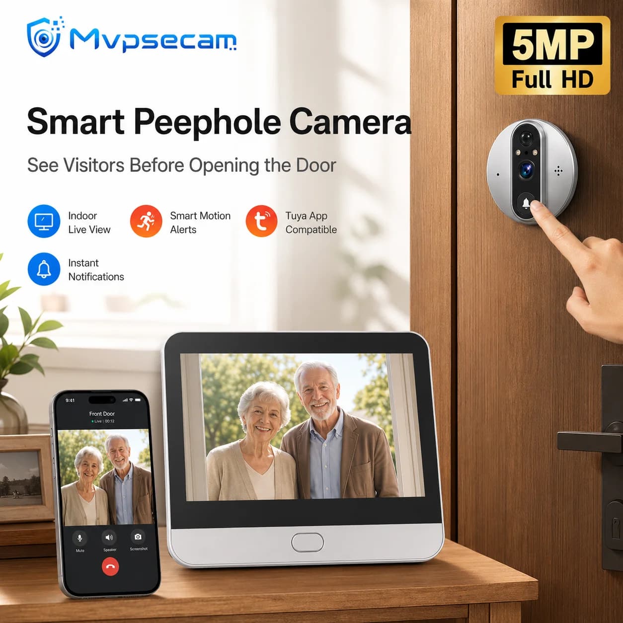 5MP Smart Digital Peephole Door Viewer WiFi Video Doorbell Camera with 4.3 Inch Indoor Monitor Tuya Smart Life App PIR Motion Detection Two Way Audio IR Night Vision 5000mAh Battery TF Card Storage Remote Viewing for Apartment House Entrance Home Security