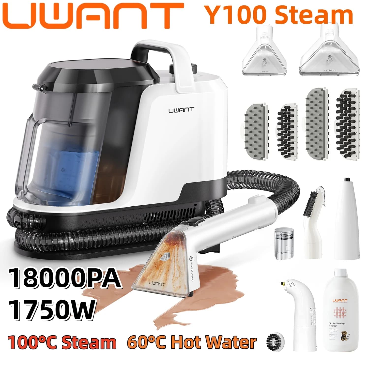 Uwant Y100 Steam 18000Pa Carpet Cleaner 1750W 100°C Steam 60°C Hot Water Self-Cleaning Multi-Purpose for Sofa Car Shoe Pet Hair
