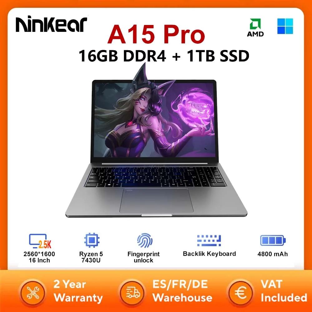 Ninkear A15 Pro Laptop AMD Ryzen 5 7430U 16 inch 120Hz 2560*1600 Display Screen 16GB 1TB Fingerprint Unlock Notebook Computer