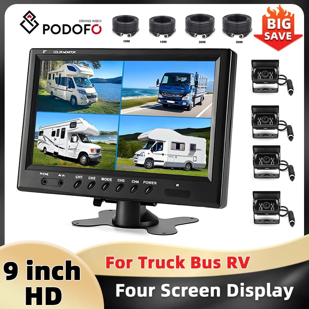 Podofo 12V-35V 9 ''Car Monitor Quad Split Screen IP66 Waterproof Dasnboard Four Cameras Reverend View Camera Back-up Monitor For Bus