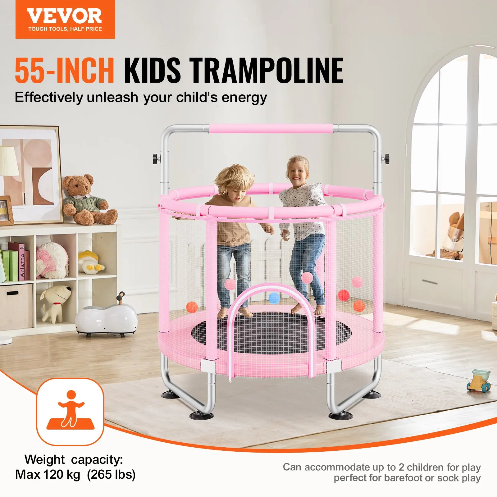 Kindertrampolin Trampolin Mini Freizeittrampolin 147 cm für Kleinkinder einstellbar mit Sicherheitsnetz & Basketballkorb, Geburtstagsgeschenk Weihnachtsspielzeug für Kinder ab 3 Jahren Rosa