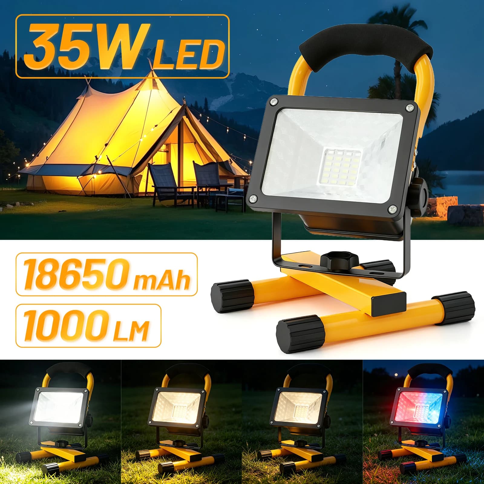 30W Portable Rechargeable LED Work Light Floodlight 3 Dimmable Modes Red/Blue IP65 WASSERDICHT 3600mAh HIGH-CAPACITY for Garage Camping Repair
