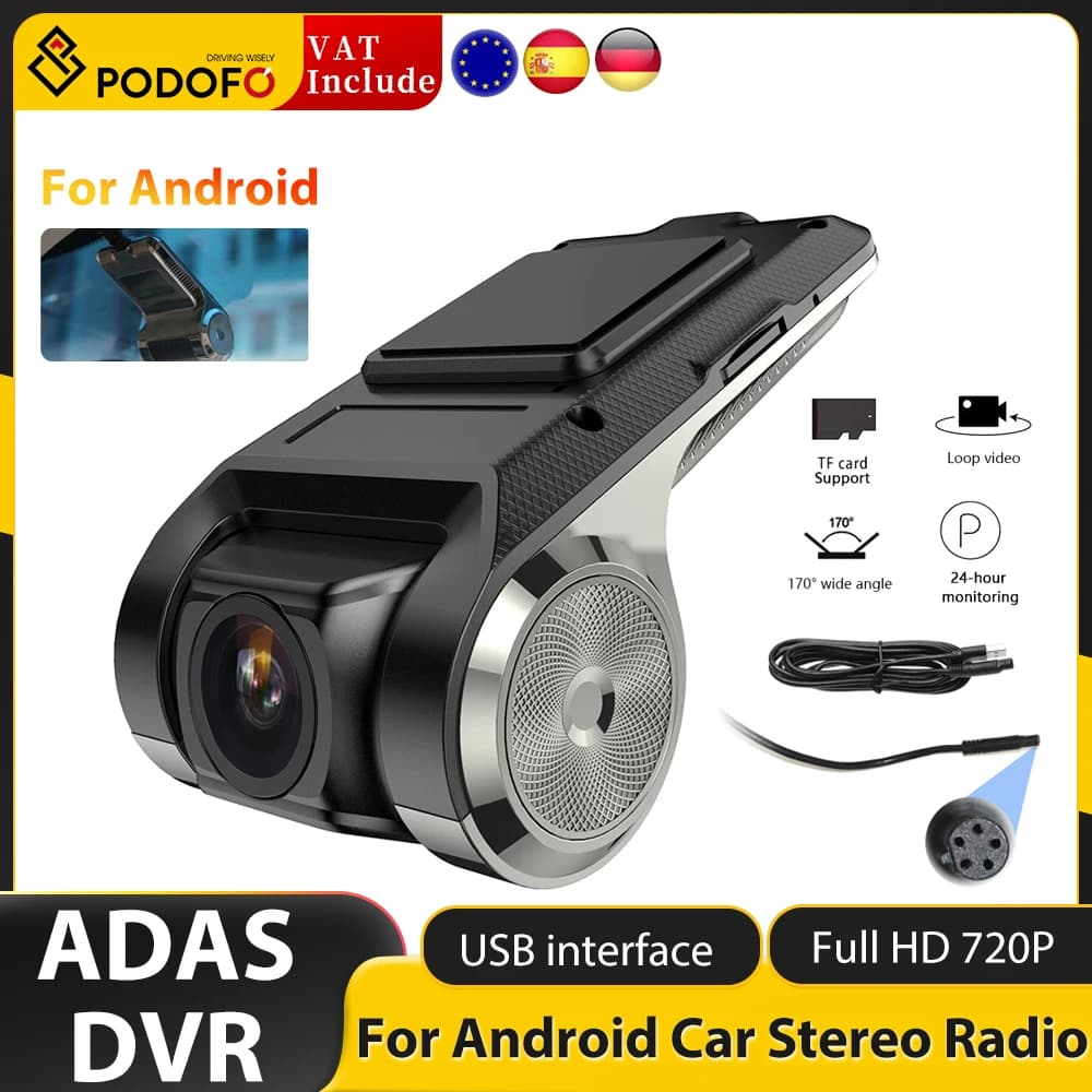 Podofo Car DVR Camera USB Full HD1080P ADAS Dash Cam Video Recorder Night Vision for Multimedia Android Player Navigation