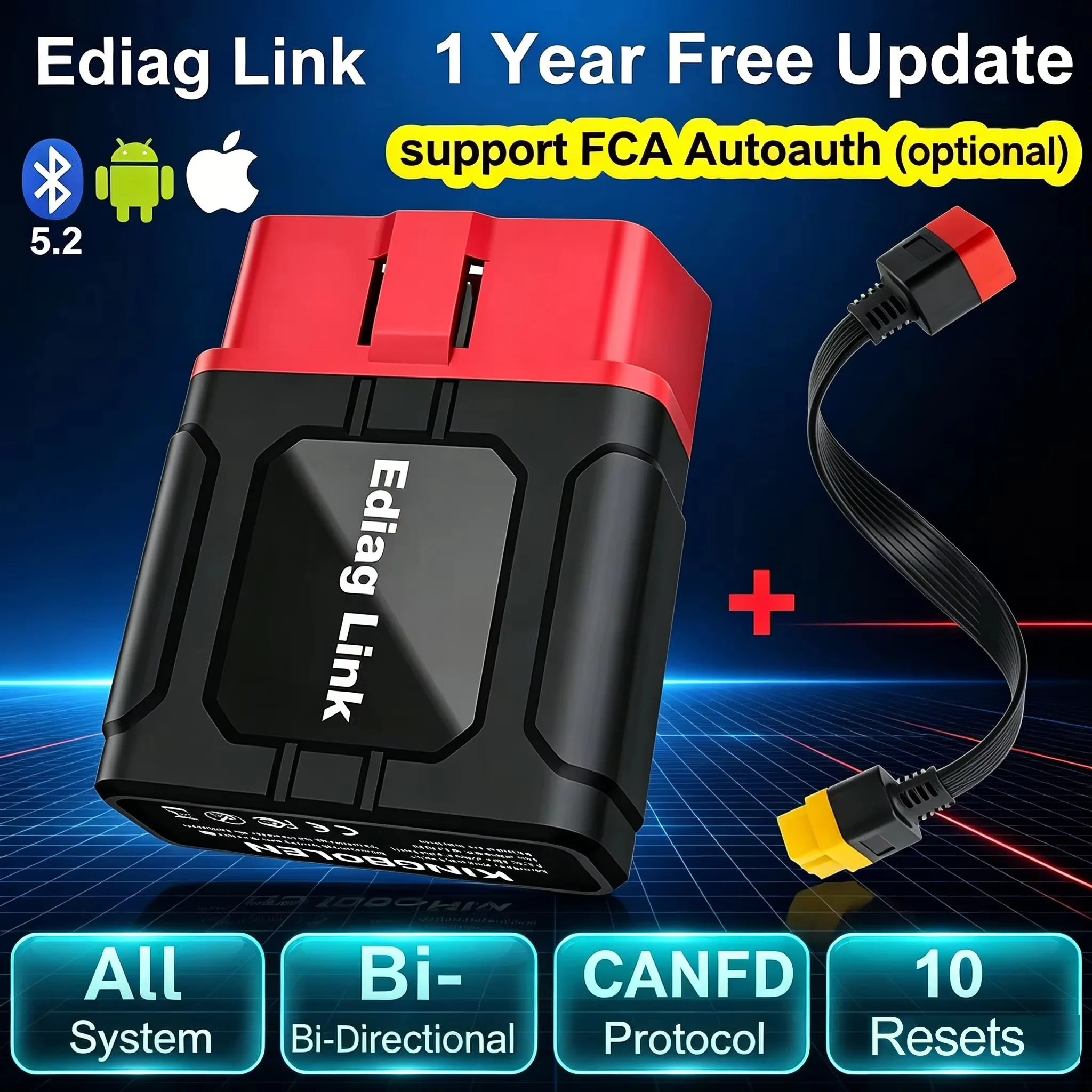 KINGBOLEN Ediag Link CANFD All-System Polish OBD Scanner with 10 Resets, Bluetooth Car Diagnostic Tool for FCA Autoauth on iOS and Android