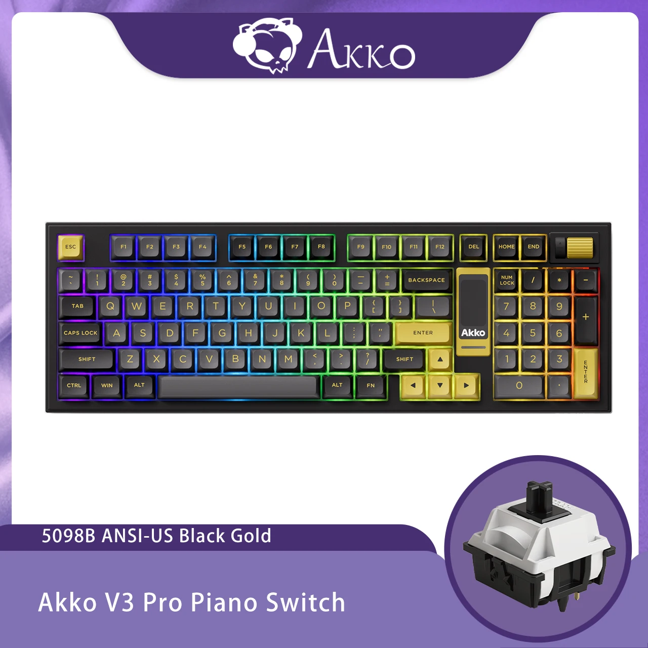 Akko 5098B Black Gold Wireless Mechanical Gaming Keyboard With TFT Screen Vertical Knob 96 Keys Hot-Swappable RGB Backlit Gasket