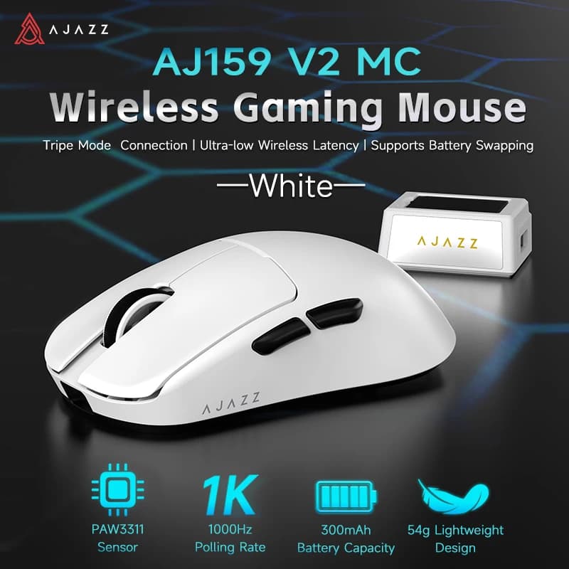 AJAZZ AJ159 V2 MC 3-Mode Bluetooth 2.4G Wired Mouse, 54g Lightweight Body, PAW3311 Stable Tracking, Swapable Rechargeable Battery E-sports Mouse