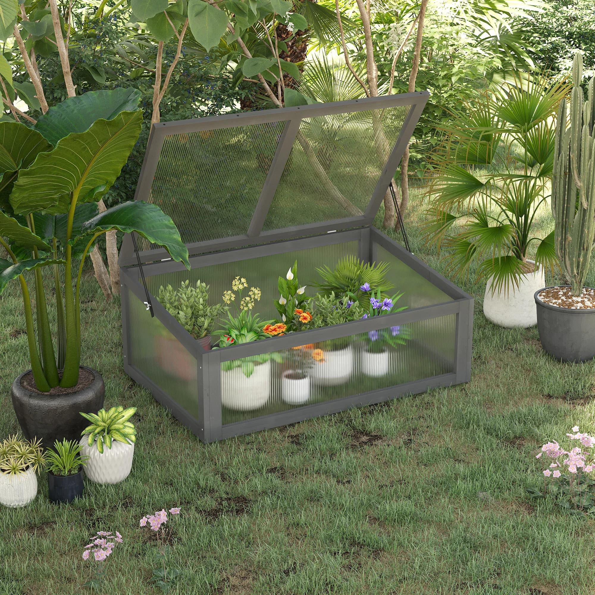 Wooden Cold Frame Mini Greenhouse with UV-Protected Transparent Cover, Raised Garden Bed for Winter, Sloped Lid for Rain Runoff, Ventilation Window, Sturdy Natural Wood Construction, Weather-Resistant Plant Protector for Outdoor Use, Gray