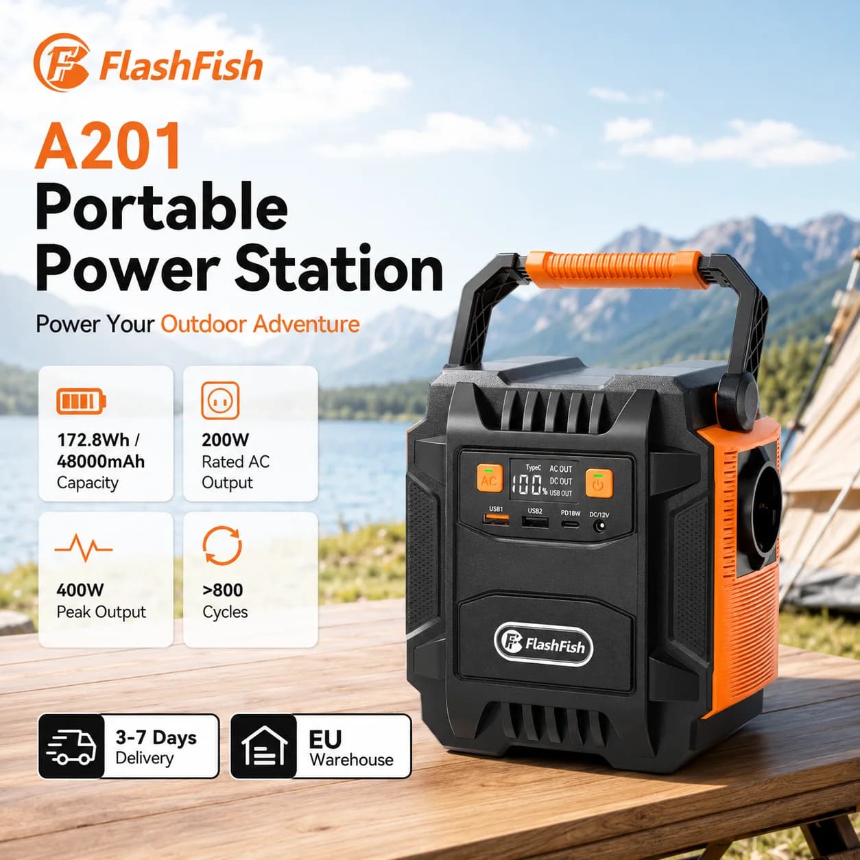 Portable Power Station FlashFish A201 200W Peak 400W 172.8Wh Solar Generator 800+ Cycles 18W PD Solar Charging 3 LED Modes Lightweight Multi Ports for Home Backup Camping Hiking Outdoor Travel Emergency