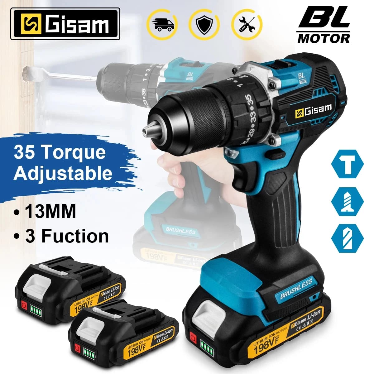 GIsam 13mm Electric Drill Brushless Impact Screwdriver Dual Speed 35+3 Torque Cordless Power Tool for Makita 18V Battery Pins