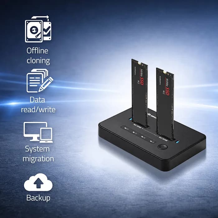 Qoltec M.2 SSD Docking Station NVMe | PCIe | USB-C | 20 Gb/s | DUAL 2X8TB | offline cloning
