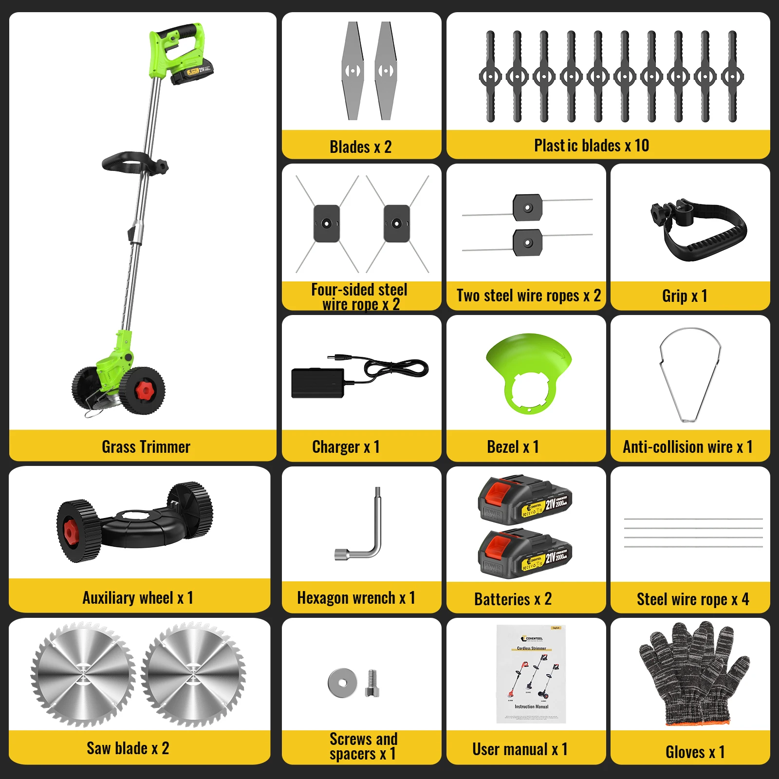 CONENTOOL Cordless Grass Trimmer Adjustable Length Lawn Mower Wheels Handheld Brush Cutter Weed Eater for Makita 18V Battery Pin