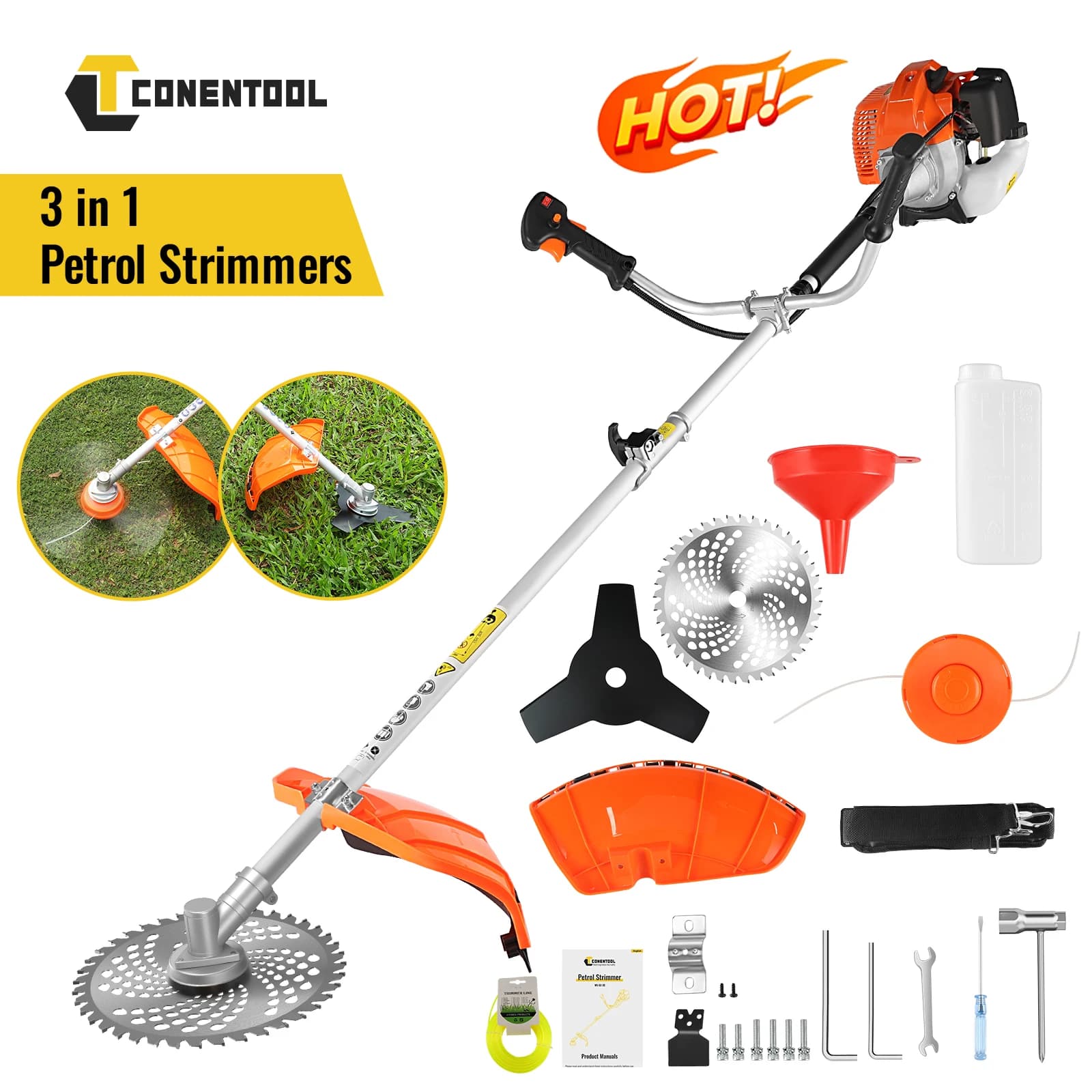 CONENTOOL 52CC Petrol Lawn Mower 3 IN 1 Petrol Trimmer 2 Stroke Gas Brush Cutter with Blade Pruning Weed Branches Garden Tools