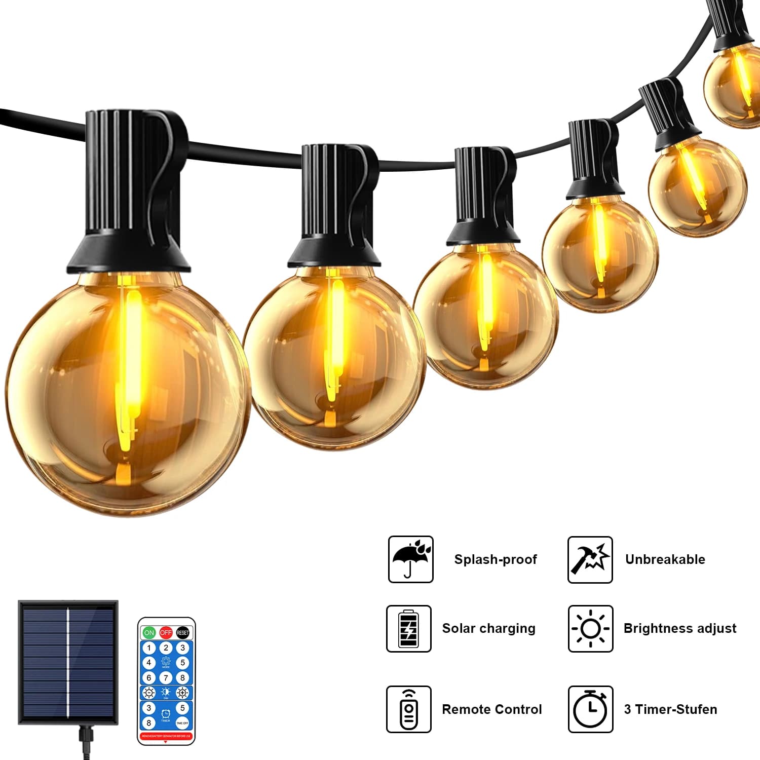 Solar G40 Globe String Lights Outdoor with Remote, Auto Dusk to Dawn Sensor, IP44 Waterproof Shatterproof Adjustable Brightness Fairy Decor Lamp Backyard Garden Wedding Holiday