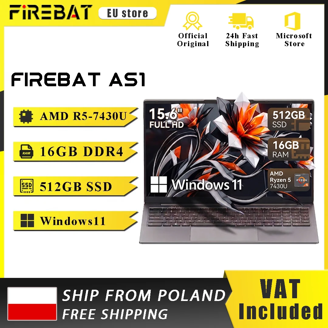 Firebat Laptop AS1 AMD R5 7430U 16GB DDR4 512GB SSD 15.6 Inch  Windows 11 Notebook Type-C WIFI6 Backlit Full-size Keyboard