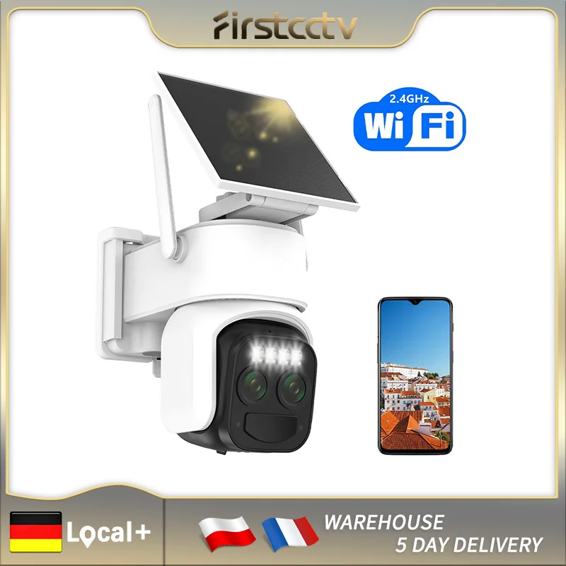 FIRSTCCTV 3MP 100% Wire-Free Solar WiFi Camera Two-way Audio Security Camera Wireless Solar Panel PTZ CCTV Camera