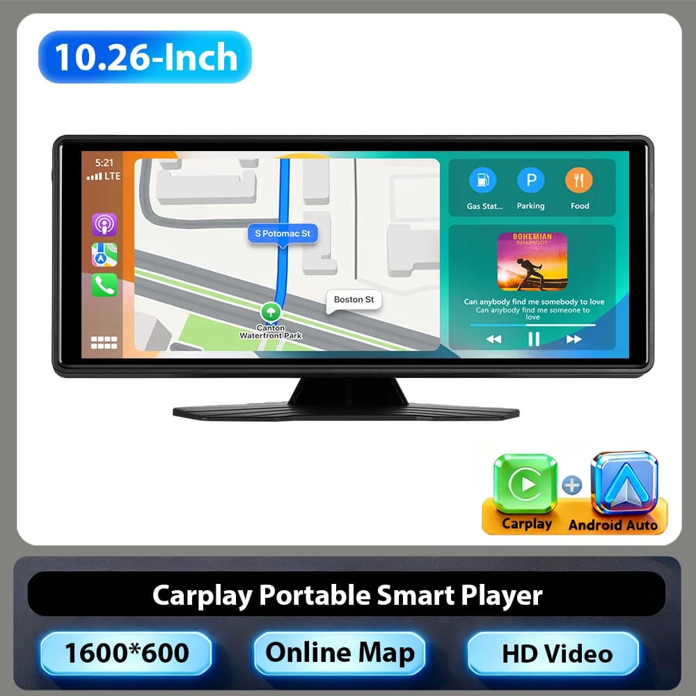 Podofo 10.26" HD Large Screen Smart Screen Player Support Wireless CarPlay Android Auto CVBS Camera BT EQ Portable Smart Player
