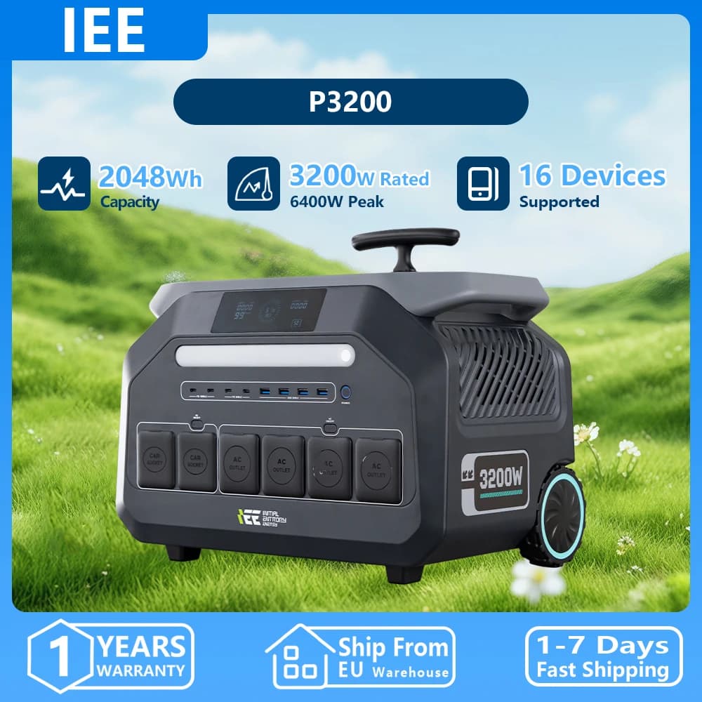IEE INITIAL Portable Power Station P3200 3200W Rated/6400W Peak Power,2048Wh life Battery back, Solar generation Support 16 Devices AC Charging & 1000W Solar Charging for Home backing, Camping, RV, Emergencies