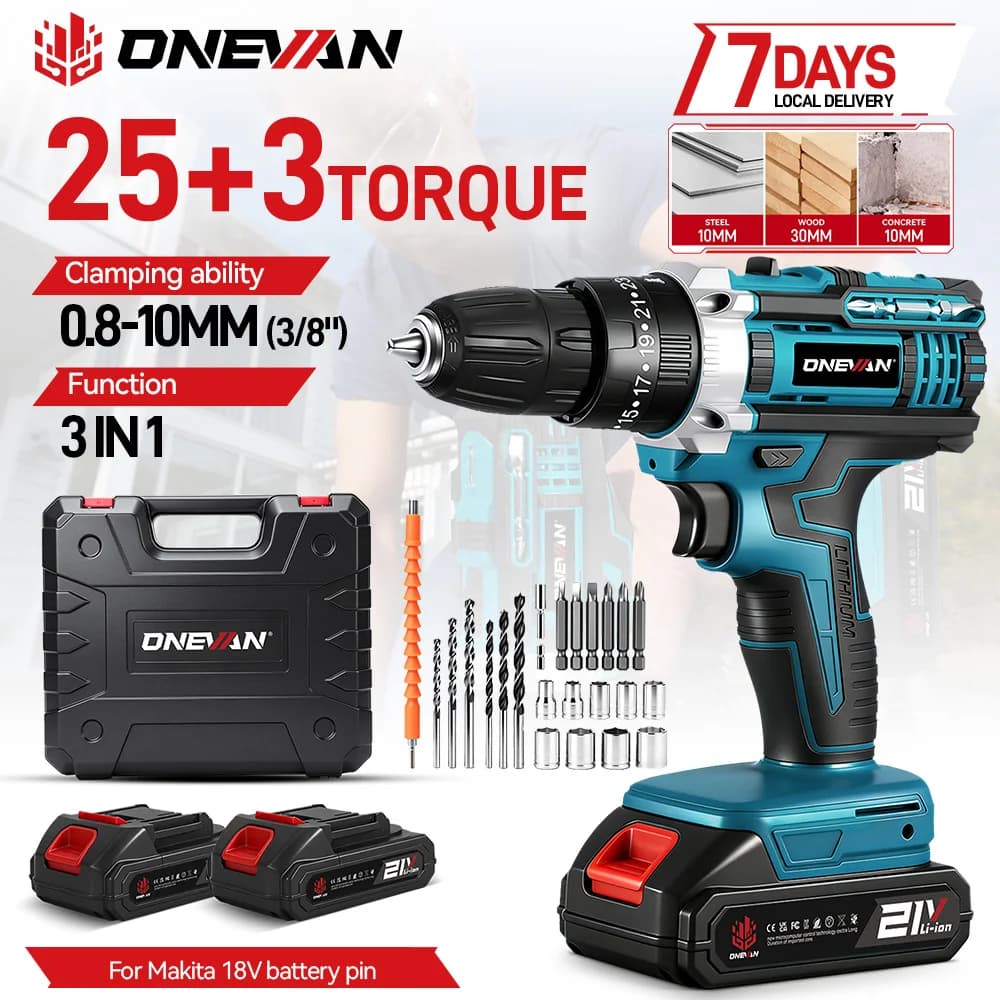 ONEVAN 25+3 Torque Electric Impact Drill Cordless Portable 2 Gears Screwdriver Woodworking Power Tool For Makita 18V Battery Pin