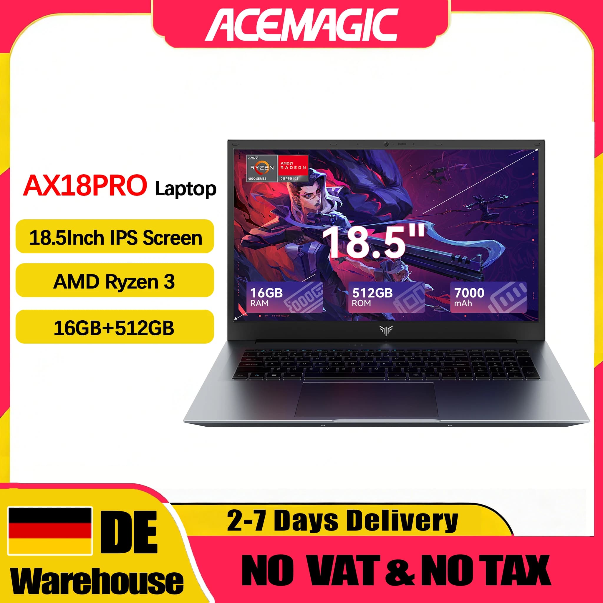 ACEMAGIC AX18PRO 18.5"Laptop Computer Windows 11 PRO 7000 mAh Battery AMD Ryzen 3 4300U Processor 16GB DDR4 RAM 512GB SSD Wifi5