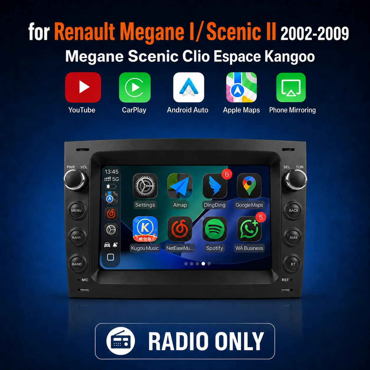 AUTOTOP 7 inch YouTube CarPlay Radio Stereo For RENAULT, MEGANE SCENIC II 2003-2009,Linux system Car multimedia Player Screen with DSP Audio RDS,Wireless Android Auto Online Navigation music Siri Google Assistant,Support OEM Factory Style & Rear Cam