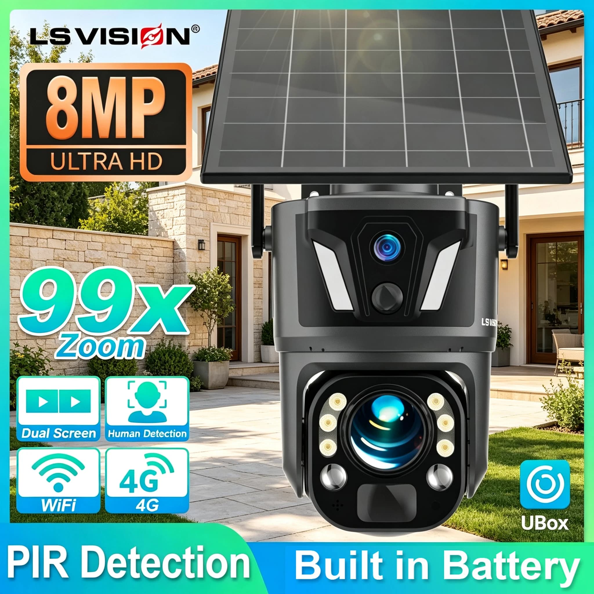 LS VISION 99X Zoom Solar Outdoor Surveillance Camera WIFI Security Cameras Or 4G Sim Cameras Humanoid Automatic Tracking Cctv 8MP Dual-lens Dual-screen Remote Viewing/playback via APP (UBox)