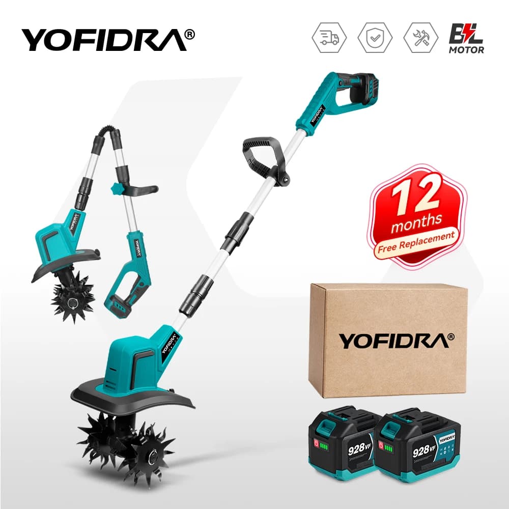 YOFIDRA 1500W Brushless Electric Tiller Cultivator   Portable Grass Trimmer Soil Turning Garden Power Tool for Makita Battery Pin