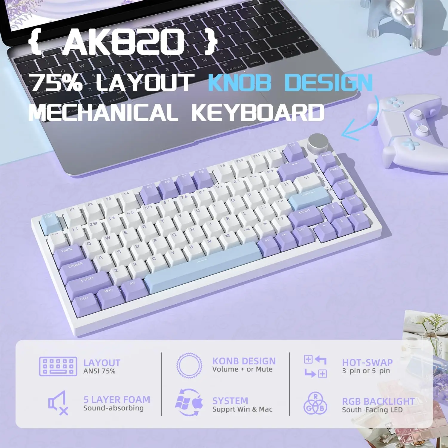 AJAZZ AK820 75% Layout Wired Mechanical Gaming Keyboard with Volume Knob Southward LED, PBT Keycaps, Programmable RGB Hot-swappable