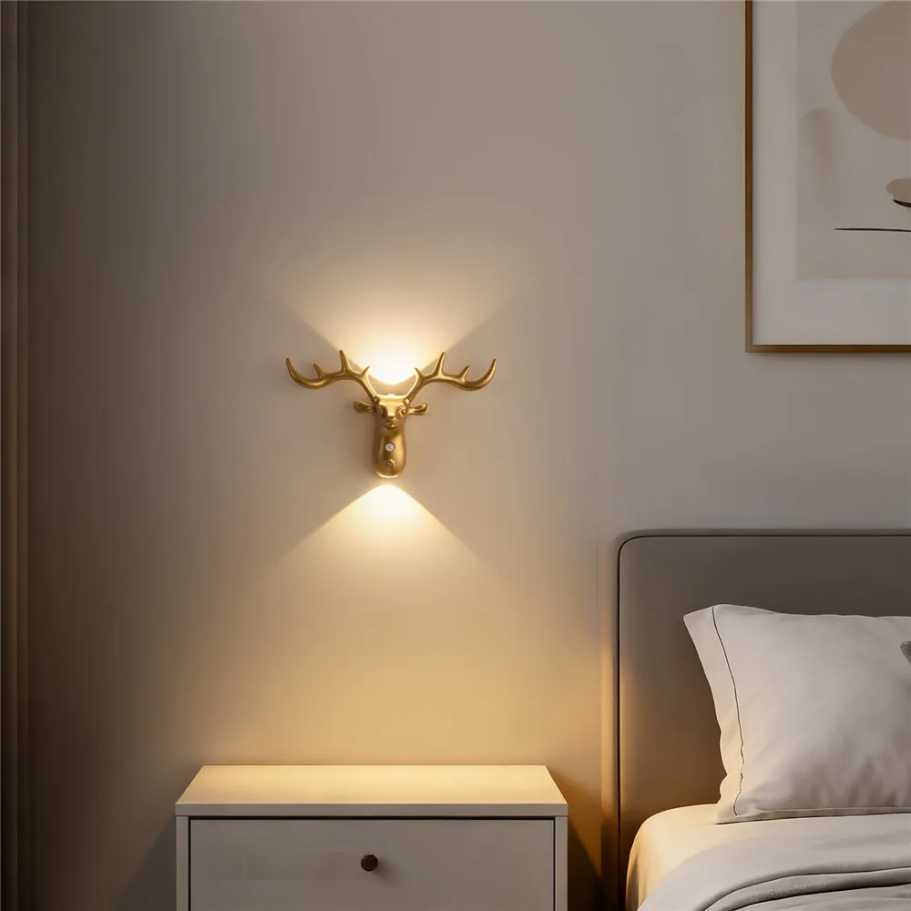 2x Deer Head Motion Sensor Wall Sconce, Rechargeable Battery LED Light, Up & Down Dual Source, 3CCT+Stepless Dim, Magnetic Mount
