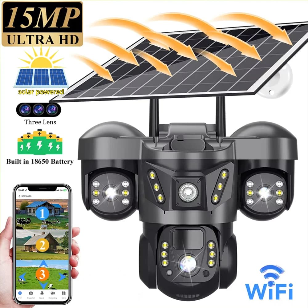 Dual Lens Three Screens WIFI Solar Camera 12MP 10X Zoom CCTV Outdoor Automatic Tracking Humanoid Detection Support PTZ IP66 Cam