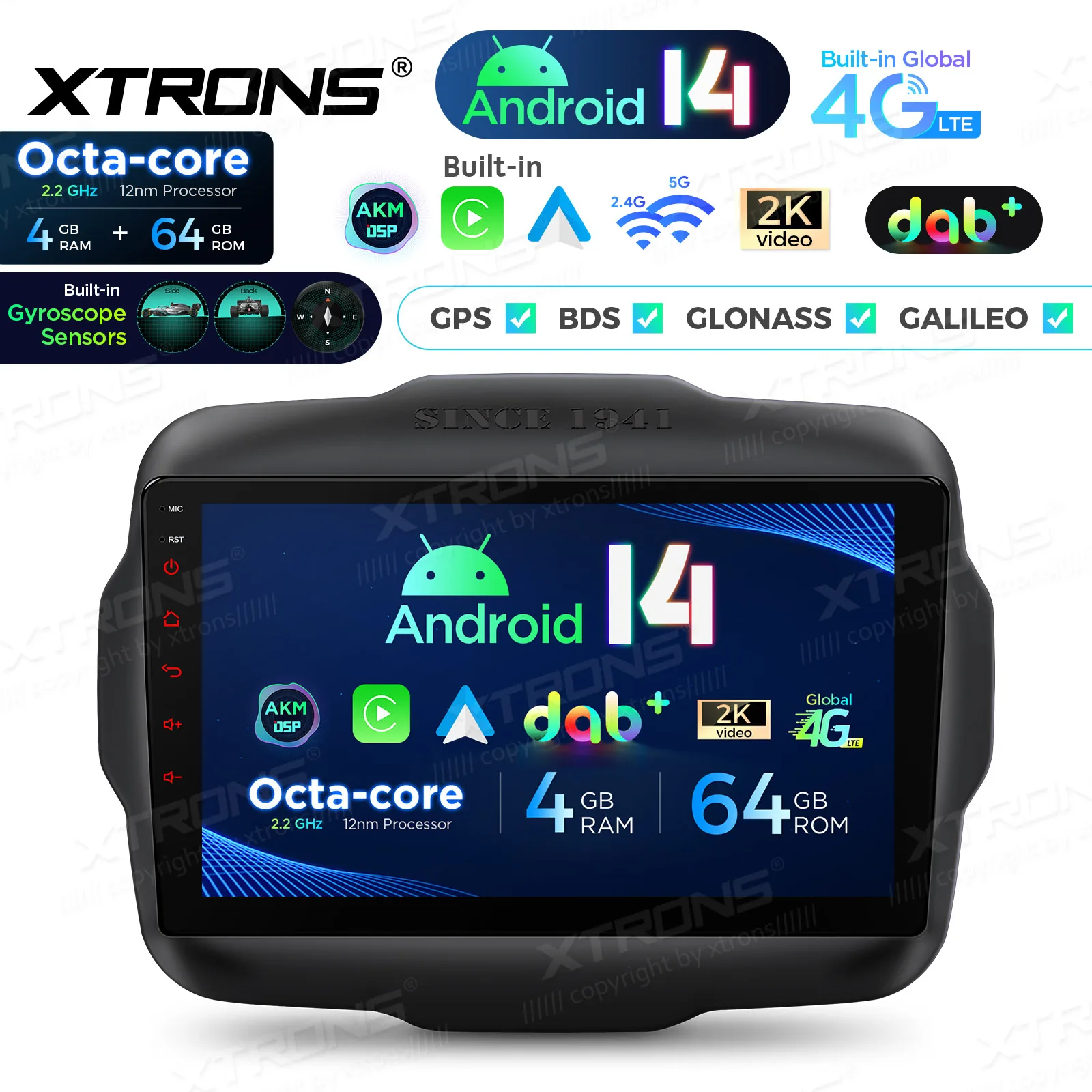 XTRONS 9'' Android 14 Car Multimedia For Jeep Renegade 2015-2020 Player 8 Core 6+128GB Stereo Built-In Wireless Carplay Auto DSP