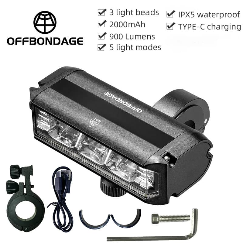 OFFBONDAGE 2600 Lumens Bicycle Front Light Type-C Rechargeable Bike Headlight 8000mAh 5 Modes IPX5 Waterproof Aluminum Alloy Ultra Bright Handlebar Lamp for MTB Road Bike Flashlight Cycling Accessories