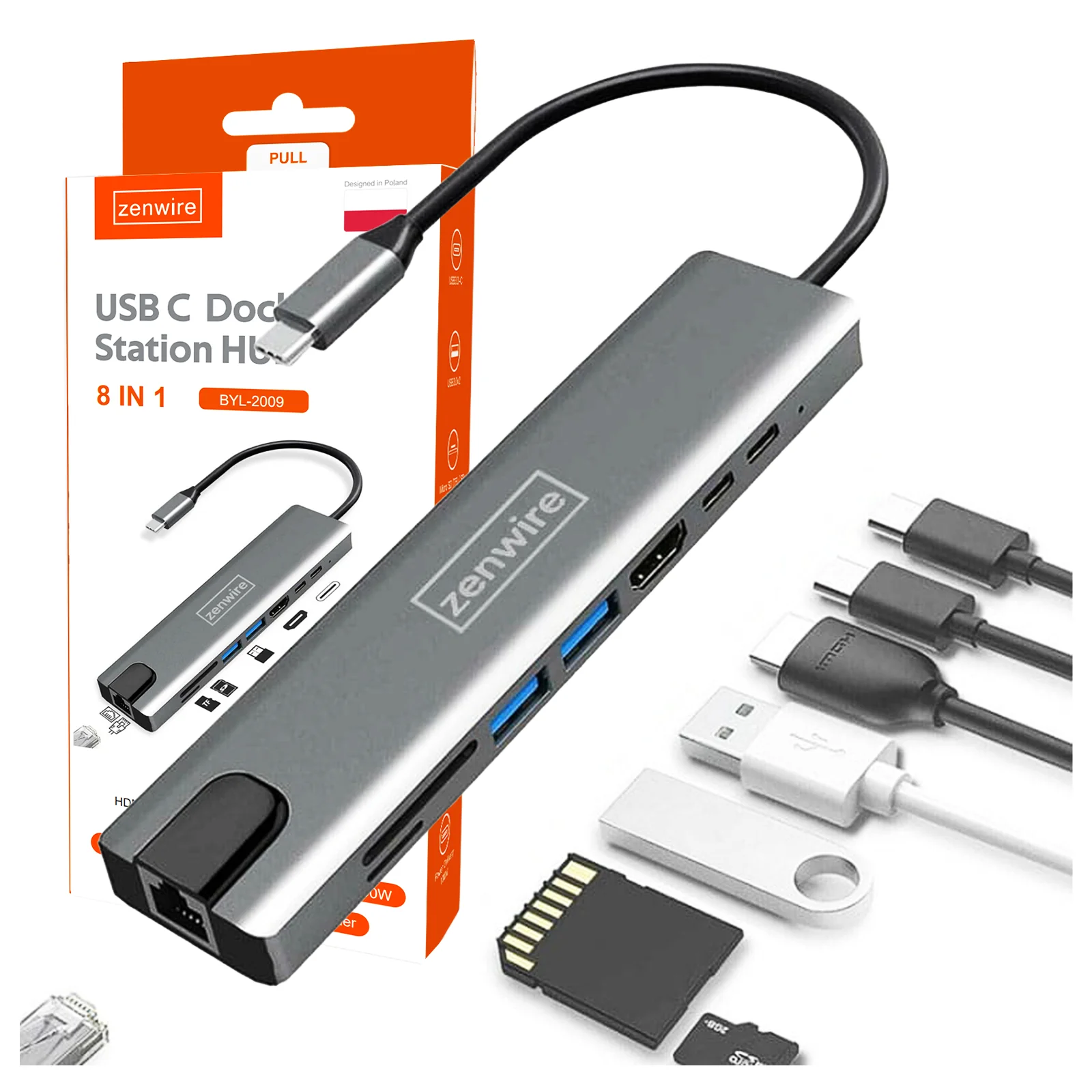 USB-C Hub Adapter 9-in-1 With HDMI, RJ45 Fast Ethernet And SD Card Reader For Macbook Air Pro M1 M2 M3 M4 Zenwire BYL-2009