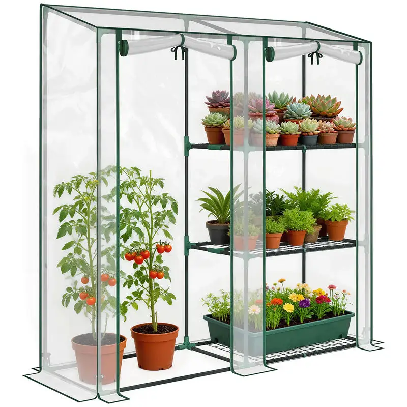 Serre de Jardin with étagères 3 Levelx, Petite Serre en Bâche PVC et Châssis Acier, 2 Portes Roulantes, Transparent