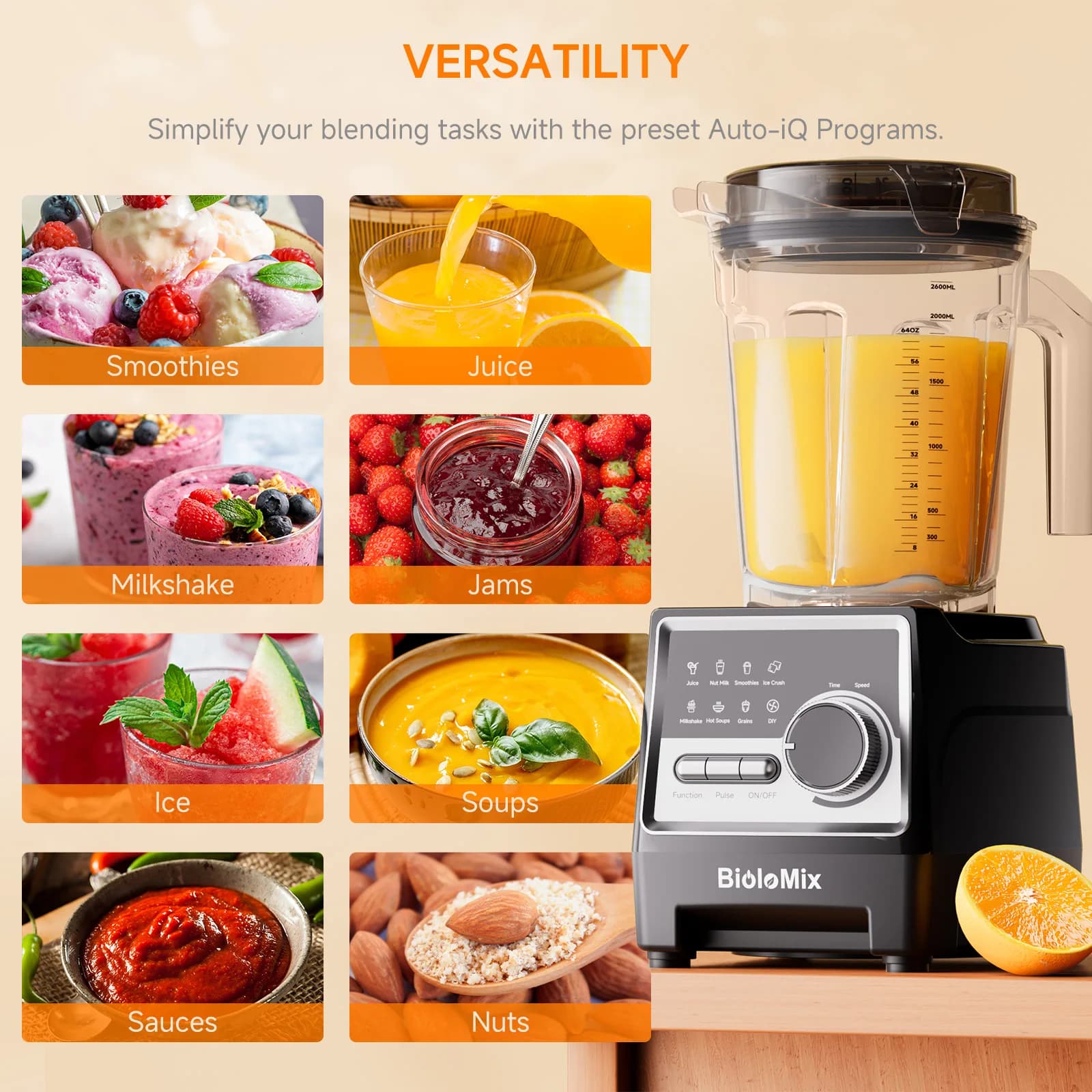 BioloMix 1500W Professional Blender with 2.6L BPA-Free Jar 6 Blades 7 Preset Programs for Smoothies Shakes Nut Milk