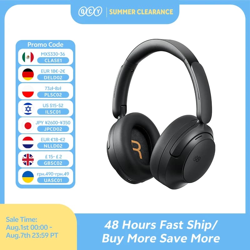 QCY H3S ANC Over Ear Headphones -56dB Noise Cancelling Headsets Bluetooth 6.0 Hi-Res LDAC Spatial Sound Earphones Dual Driver